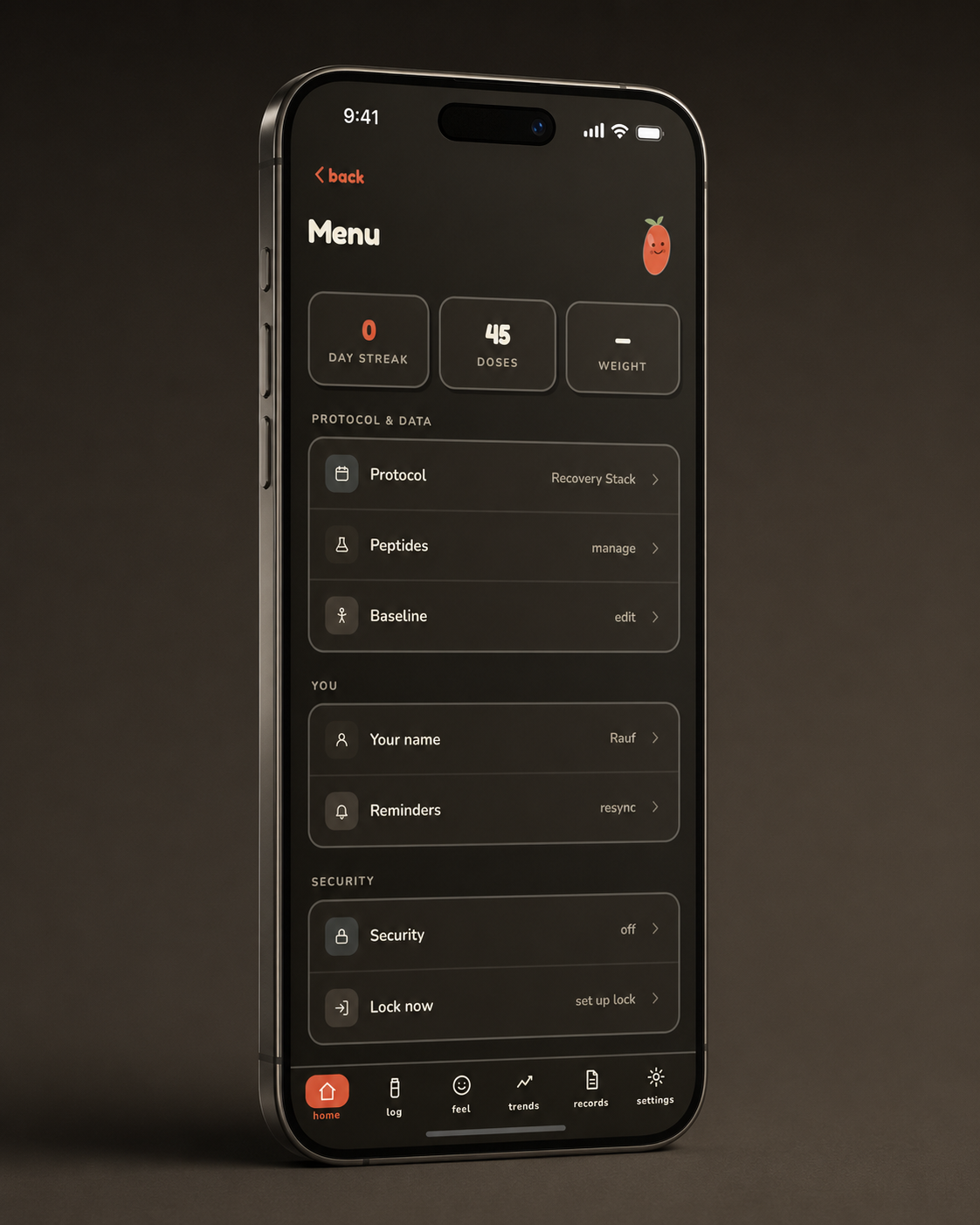 Piri dark mode settings and security screen